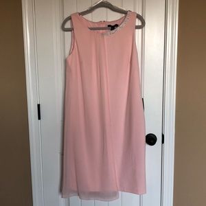 S.L. Fashions sequin neckline sleeveless dressy dress with sheer overlay, sz 14